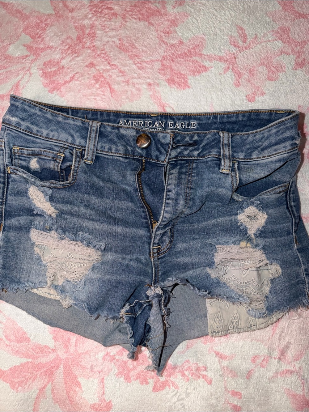 American Eagle Outfitters Light Blue Distressed Lace-Inset Denim Shorts